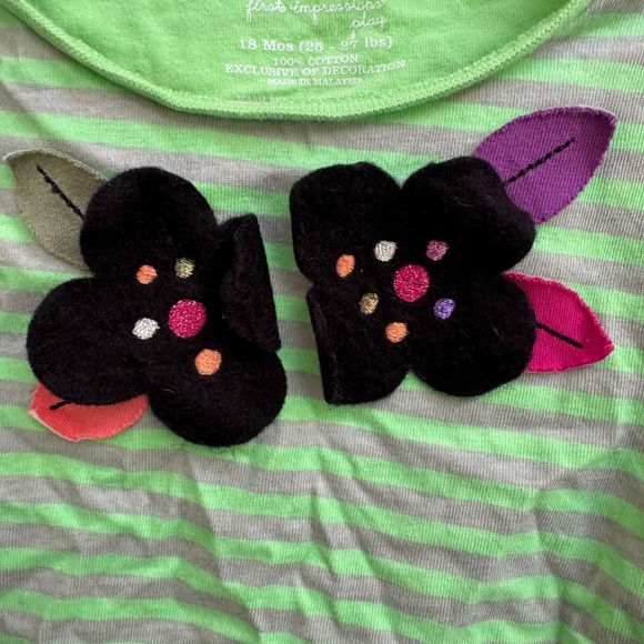 First Impressions 18M Girls Green & Gray Striped Long Sleeve Floral Shirt Blouse - Picture 2 of 6